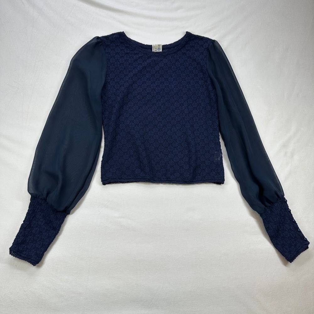 Free People Navy Blue Textured Top Sheer Balloon Long Sleeve‎ Blouse XS